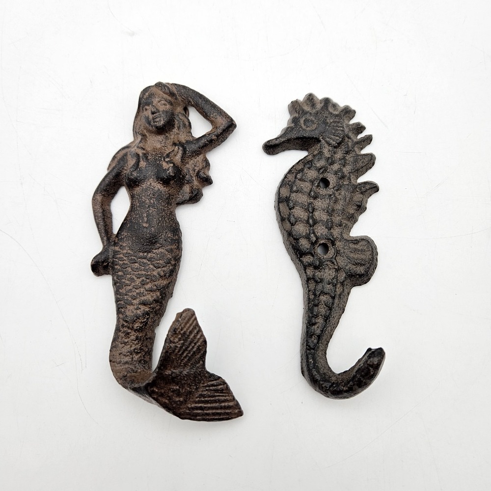 Mermaid & Seahorse Decorative Wall Hook Iron Hanger Coastal Beach Ocean Nautical